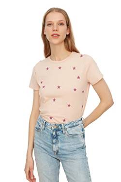 Trendyol Damen Stern-gedrucktes Grundlegendes T-shirt T Shirt, Powder Pink, S EU von TRENDYOL