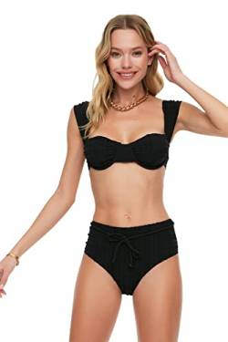 Trendyol Damen Textured Curved High Waist Bikini Bottoms, Schwarz, 40 EU von TRENDYOL