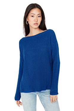 Trendyol Damen Unifarbener Pullover mit U-Boot-Ausschnitt Sweatshirt, Blau, S von TRENDYOL