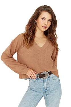 Trendyol Damen V-Ausschnitt Einfarbig Oversize Sweater Sweatshirt, Kamel, L von TRENDYOL