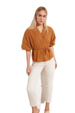 Trendyol Damen Woman Regular Standard V Neck Woven Blouse Hemd, Camel, 36 von TRENDYOL
