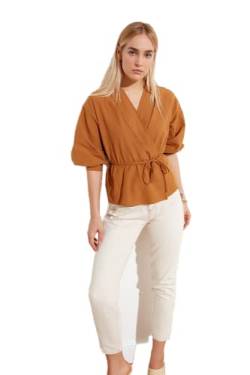 Trendyol Damen Woman Regular Standard V Neck Woven Blouse Hemd, Camel, 40 von TRENDYOL