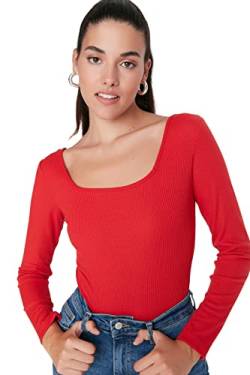Trendyol Damen Woman Slim Bodycon Scoop Neck Knit Bodysuit Hemd, Red, Large von TRENDYOL