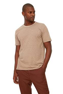 Trendyol Men's Rundhalsausschnitt Gestreift Regular T Shirt, Brown, XL von TRENDYOL