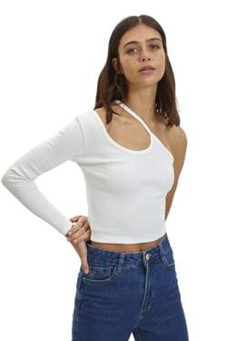 Trendyol Women's Asymmetrischer Kragen Unifarben Slim Bluse T-Shirt, Ecru, Small von TRENDYOL