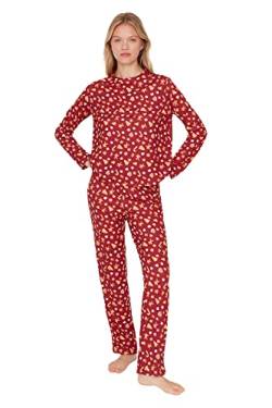 Trendyol Women's Damen Muster Mitte Gestrickt T-Shirt-Hose Pyjama Pajama Set, Burgundy, 42 (2er Pack) von TRENDYOL