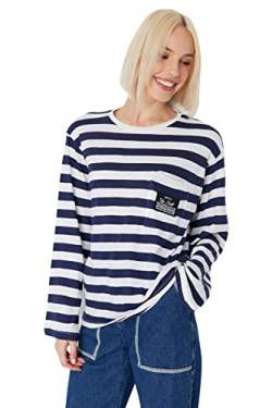 Trendyol Women's Rundhalsausschnitt Gestreift Regular Bluse T-Shirt, Navy blau, Medium von TRENDYOL