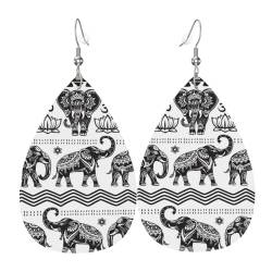 Böhmisches Elefantenmuster, stilvolle Leder-Ohrringe für Damen, trendige baumelnde Ohrringe mit anmutigem Tropfen-Design, Einheitsgröße, Kunstleder von TRESILA