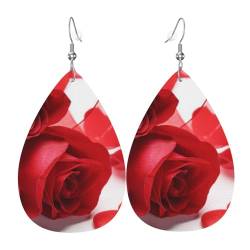 Rose und rotes Blütenblatt – stilvolle Leder-Ohrringe für Frauen – trendige baumelnde Ohrringe mit anmutigem Tropfen-Design, Einheitsgröße, Kunstleder von TRESILA