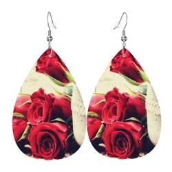 Rote Rose Blumen - Stilvolle Lederohrringe für Frauen - Trendige baumelnde Ohrringe mit anmutigem Tropfen-Design, Einheitsgröße, Kunstleder von TRESILA