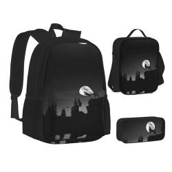 TRESILA Rucksack für Kinder, Jungen, Mädchen, strapazierfähiges Polyester, Schultasche, Büchertasche mit Lunchtasche und Federmäppchen (3-in-1-Rucksack-Set), grünes Palmblatt, Wolf Night Moon, von TRESILA