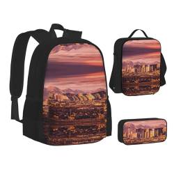 TRESILA Rucksack für Kinder, Jungen und Mädchen, strapazierfähiges Polyester, Schultasche, Büchertasche mit Lunchtasche und Federmäppchen (3-in-1-Rucksack-Set), Büffelgrau, Las Vegas Sunset, von TRESILA