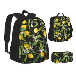 TRESILA Rucksack für Kinder, Jungen und Mädchen, strapazierfähiges Polyester, Schultasche, Büchertasche mit Lunchtasche und Federmäppchen (3-in-1-Rucksack-Set), schöne Motte, Zitrone und Blume, von TRESILA