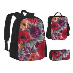 TRESILA Rucksack für Kinder, Jungen und Mädchen, strapazierfähiges Polyester, Schultasche, Büchertasche mit Lunchtasche und Federmäppchen (3-in-1-Rucksack-Set) / Kilauea Volcano, Rote und rosa Blumen, von TRESILA