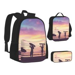 TRESILA Rucksack für Kinder, Jungen und Mädchen, strapazierfähiges Polyester, Schultasche, Büchertasche mit Lunchtasche und Federmäppchen (3-in-1-Rucksack-Set) / Kilauea Volcano, Surfer People, von TRESILA