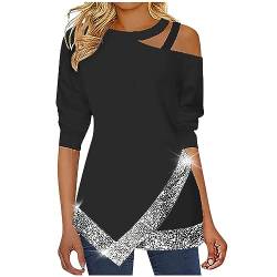 Gutschein zum Ausdrucken Sexy Schulterfrei Bluse Damen Pailletten Oberteil Unregelmäßig Saum Langarmshirt Party Longshirt Lange Pullover Shirt Einfarbig Glitzer Tops Langarm Tshirt Festliche Tunika von TRIGLICOLEUM