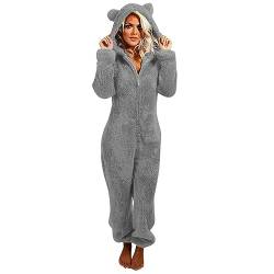 Jumpsuit Damen Teddy Fleece Schlafanzug Einteiler Onesie Winter Fluffy Pyjama Kuschelig Overall mit Kapuze Große Größen Hosenanzug Warm Flauschig Schlafoverall Lange Weihnachtspyjama Ganzkörperanzug von TRIGLICOLEUM