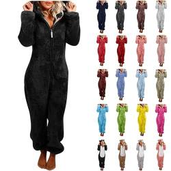 Jumpsuit Damen Teddy Fleece Schlafanzug Einteiler Onesie Winter Fluffy Pyjama Kuschelig Overall mit Kapuze Große Größen Hosenanzug Warm Flauschig Schlafoverall Lange Weihnachtspyjama Ganzkörperanzug von TRIGLICOLEUM