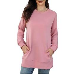 Longpullover Damen Sweatshirt Ohne Kapuze Herbst Winter Pullover Einfarbig Langarmshirt Langarm Oberteile Rundhals Pulli Lose Longsleeve Sweater Tunika Bluse Shirt mit Taschen Sweatshirts für Sport von TRIGLICOLEUM