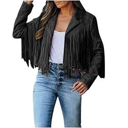 TRIGLICOLEUM Damen Faux Wildleder Lederjacke mit Fransen Crop Quasten Strickjacke Mantel Mode Übergangsjacke Langarm Herbstjacke Kurze Fransenjacke Motorradjacke Bikerjacke Oberbekleidung für Frauen von TRIGLICOLEUM