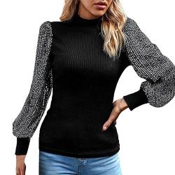 TRIGLICOLEUM Pailletten Langarmshirt Damen Rollkragen Pullover Sexy Einfarbig Oberteile Fitness Pulli Glitzer Tunika Tops Langarm Sweatshirt Winter Longshirt Party Shirt Festliche Bluse Jumper von TRIGLICOLEUM