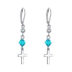 Kreuz Hängende Ohrringe 925 Sterling Silber Kreuzen Leverback Ohrringe Blauer Kristall Silber Damen Kreuz Ohrringe Schmuck Geschenk für Damen Frauen von TRISHULA