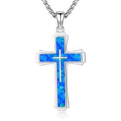 TRISHULA Blaue Opal Kreuzkette für Frauen Männer 925 Sterling Silber Kreuz Anhänger Blaue Opal Halskette Christliche Halskette Kreuz Schmuck Geschenke für Amulett Talisman von TRISHULA