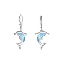 TRISHULA Delfin Ohrringe 925 Sterling Silber Baumel-Ohrringe Hypoallergene Mondstein Hängeohrringe Tier Delfin Schmuck Geschenk für Damen Frauen Mädchen Kinder von TRISHULA