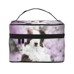Brown-Border-Collie-Frühlingshunde mit Blumen, Make-up-Tasche, Kosmetiktasche, tragbare Reise-Kulturtasche, Federmäppchen von TRUIGYN