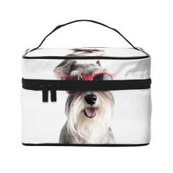 Fröhlicher lustiger Cooler Hundeschnauzer mit roter Sonnenbrille isoliert auf weißem Hintergrund, Make-up-Tasche, Kosmetiktasche, tragbare Reise-Kulturtasche, Federmäppchen von TRUIGYN
