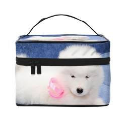 Samojeden-Welpe, weißer Hundewelpe mit pelziger Schleife, Make-up-Tasche, Kosmetiktasche, tragbare Reise-Kulturtasche, Federmäppchen von TRUIGYN