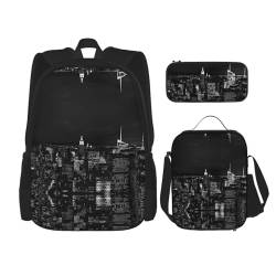 Rucksack für Studenten, Paris Eiffelturm Tasche für Schule, Jungen, Mädchen, Tagesrucksack, Federmäppchen, Lunch-Tasche, Kombination, New York Night Sky, Einheitsgröße, Tagesrucksack von TRUKD