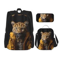 TRUKD Rucksack für Studenten, Leopardenmuster in einer Lederjackentasche für Schule, Jungen, Mädchen, Tagesrucksack, Federmäppchen, Lunch-Tasche, Kombination, Leopard in einer Lederjacke, von TRUKD