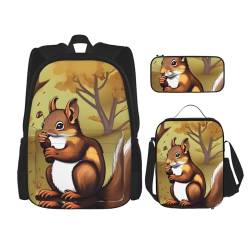 TRUKD Rucksack für Studenten, Nussfressende Eichhörnchen-Tasche für Schule, Jungen, Mädchen, Tagesrucksack, Federmäppchen, Lunch-Tasche, Kombination, Nussfressendes Eichhörnchen, Einheitsgröße, von TRUKD