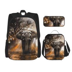 TRUKD Rucksack für Studenten, Vintage-Design mit Aloha-Tiki-Muster, Tasche für Schule, Jungen, Mädchen, Tagesrucksack, Federmäppchen, Lunch-Tasche, Kombination, Tropischer afrikanischer Elefant, von TRUKD