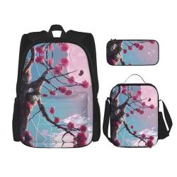 TRUKD Rucksack für Studenten, Wassermondhöhle, Tasche für Jungen, Mädchen, Federmäppchen, Lunchtasche, Kinder, 3-in-1 Büchertaschen, Schultaschen-Set, Kleine rosa Blumen, Einheitsgröße, Tagesrucksäcke von TRUKD