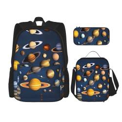 TRUKD Rucksack für Studenten, Wassermondhöhle, Tasche für Jungen, Mädchen, Federmäppchen, Lunchtasche, Kinder, 3-in-1 Büchertaschen, Schultaschen-Set, Sonnensystem-Planeten, Einheitsgröße, von TRUKD