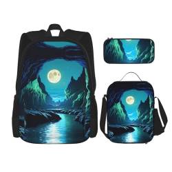 TRUKD Rucksack für Studenten, Wassermondhöhle, Tasche für Jungen, Mädchen, Federmäppchen, Lunchtasche, Kinder, 3-in-1 Büchertaschen, Schultaschen-Set, Wasser-Mondhöhle, Einheitsgröße, Tagesrucksack von TRUKD