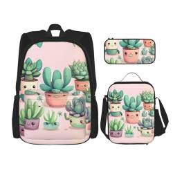 TRUKD Rucksack für Studenten, kleine Vogelnesttasche für Jungen, Mädchen, Federmäppchen, Lunchtasche, Kinder, 3-in-1 Büchertaschen, Schultaschen-Set, Schöne Sukkulenten, Einheitsgröße, Tagesrucksack von TRUKD