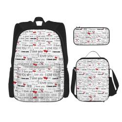 TRUKD Rucksack für Studenten, kleine Waschbär-Gesichtstasche für Schule, Jungen, Mädchen, Tagesrucksack, Federmäppchen, Lunch-Tasche, Kombination, I Love You Words With Hearts, Einheitsgröße, von TRUKD