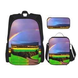 TRUKD Rucksack für Studenten, schöne Orchideentasche, 3-teiliges Set für Schule, Jungen, Mädchen, Federmäppchen, Lunchtasche, 3-in-1-Büchertaschen-Set, Regenbogenfarben, Einheitsgröße, Tagesrucksack von TRUKD