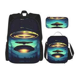 TRUKD Rucksack für Studenten, schöne Orchideentasche, 3-teiliges Set für Schule, Jungen, Mädchen, Federmäppchen, Lunchtasche, 3-in-1-Büchertaschen-Set, Spacecraft Descend, Einheitsgröße, von TRUKD