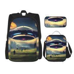 TRUKD Rucksack für Studenten, schöne Orchideentasche, 3-teiliges Set für Schule, Jungen, Mädchen, Federmäppchen, Lunchtasche, 3-in-1-Büchertaschen-Set, Ufo Landing, Einheitsgröße, Tagesrucksack von TRUKD