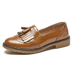 TRULAND Damen Leder Slipper – Elegant Loafer mit Quaste Business Schuhe Damen (CN 40 / EU 39,Braun) von TRULAND