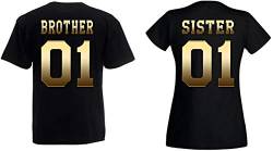 Brother Sister T-Shirts Set mit Wunschzahl - Damen T-Shirt Schwarz-Gold S von TRVPPY