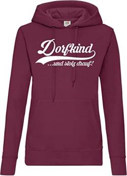 TRVPPY Damen Hoodie Pullover Dorfkind Spruch Logo Print - Burgund S von TRVPPY