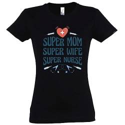 TRVPPY Damen T-Shirt - Spruch Geschenk Krankenschwester - Super Mom, Super Wife, Super Nurse - Schwarz XXL von TRVPPY