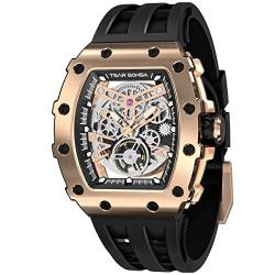 TSAR BOMBA Luxus Herren Automatik Mechanische Uhr Kohlefaser - Japanisches Uhrwerk - Saphirglas - 50M Wasserdicht Tonneau Herrenuhr- Armbanduhr Silikonarmband Leuchtend von TSAR BOMBA