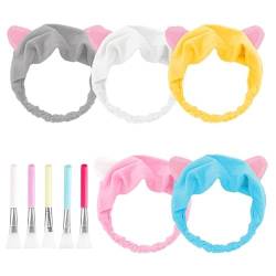 TSHAOUN 10 Stück Haarband Makeup Spa Maske Stirnband Gesicht Waschen Dusche, 5PCS Katzenohren Stirnband mit 5pcs Silikonbürsten, Haarbänder Damen, Tier Stirnband, Spa Stirnbänder für Duschen von TSHAOUN