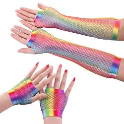 TSHAOUN 2 Lang und Kurz Fischnetz Handschuhe, Regenbogen Fingerlose Fischnetz Handschuhe, Damen Netz Mesh Handschuhe, für 80er Jahre Verkleidung Kostüm Party, Karneval, Mottoparty von TSHAOUN